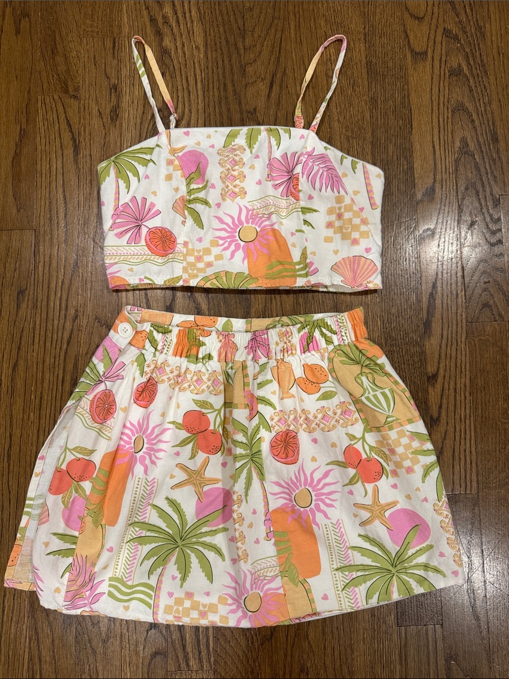Women Two-Piece Tropical Print Dress Set - Pink & Orange